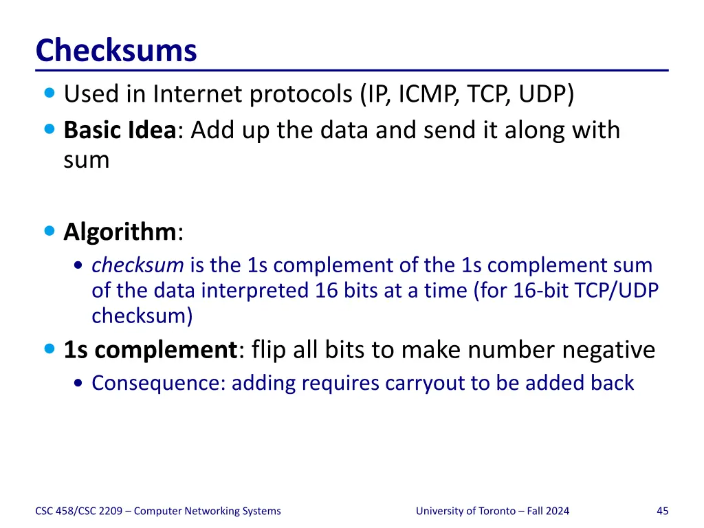 checksums used in internet protocols ip icmp