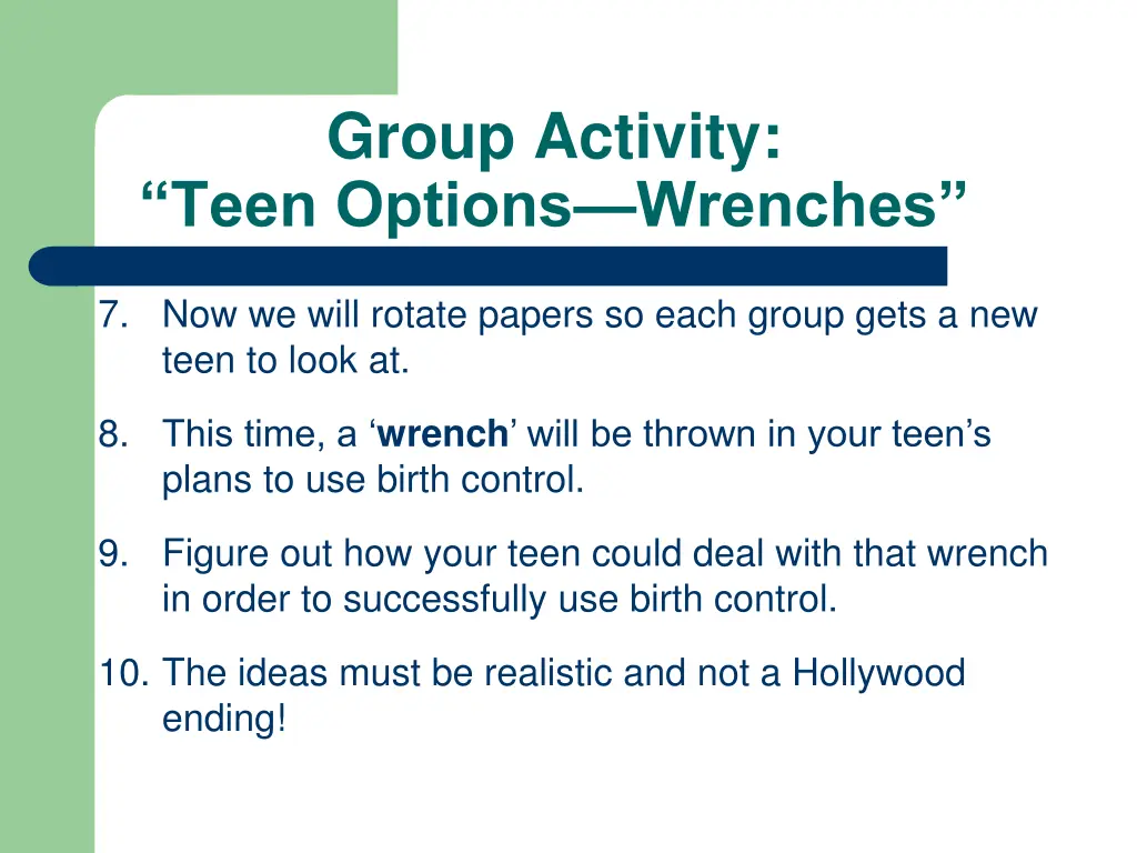 group activity teen options wrenches