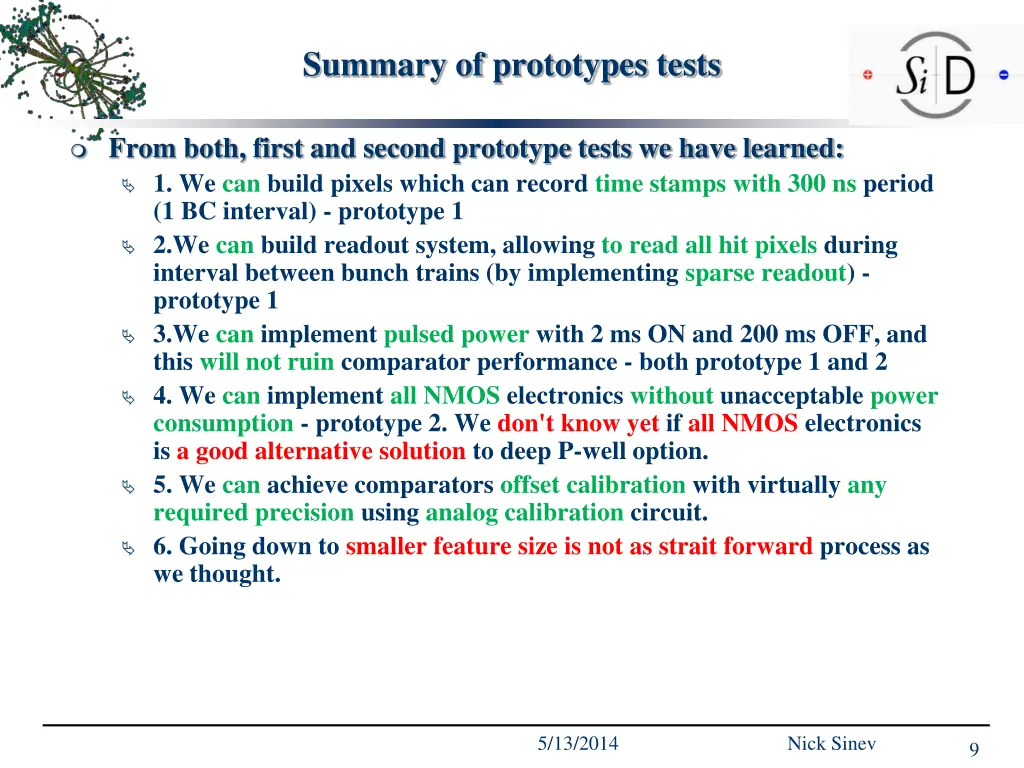 summary of prototypes tests