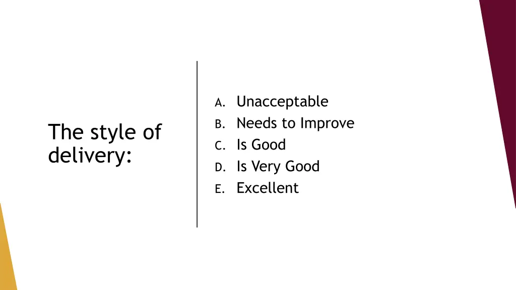 a unacceptable b needs to improve c is good 1