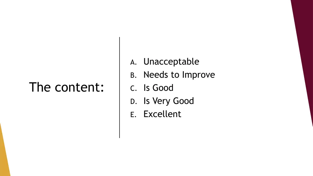 a unacceptable b needs to improve c is good 2