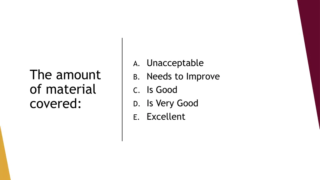 a unacceptable b needs to improve c is good 3