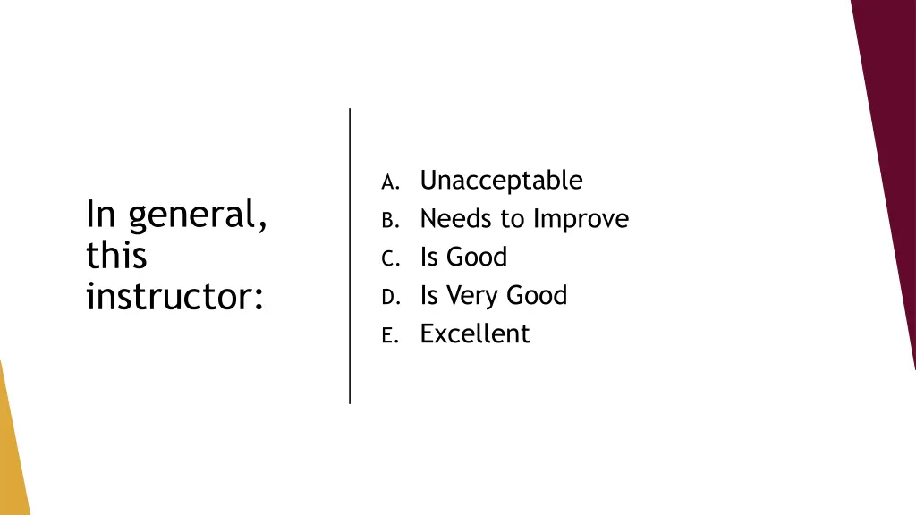 a unacceptable b needs to improve c is good