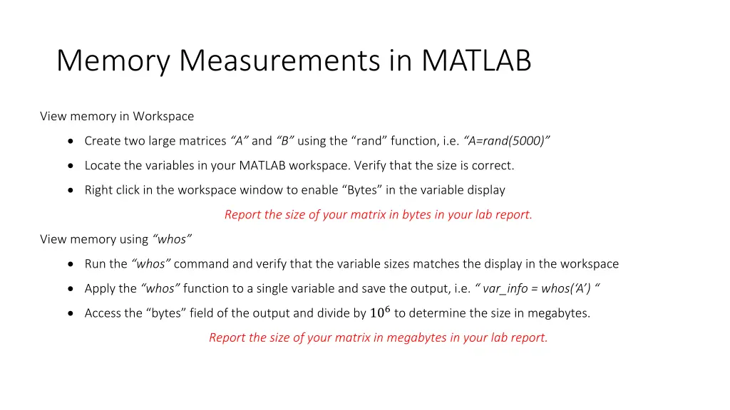 memory measurements in matlab