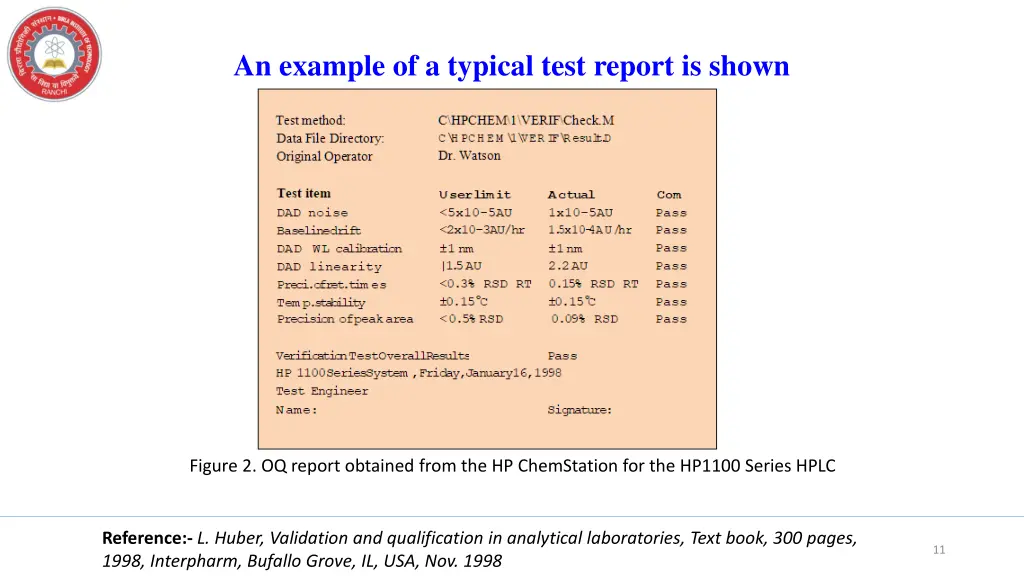 an example of a typical test report is shown