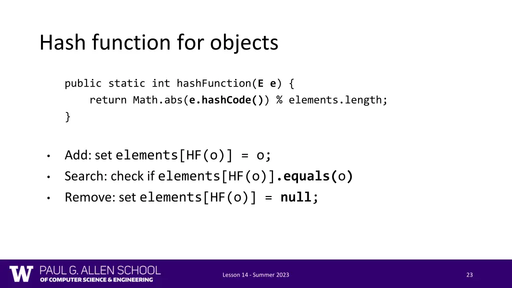 hash function for objects