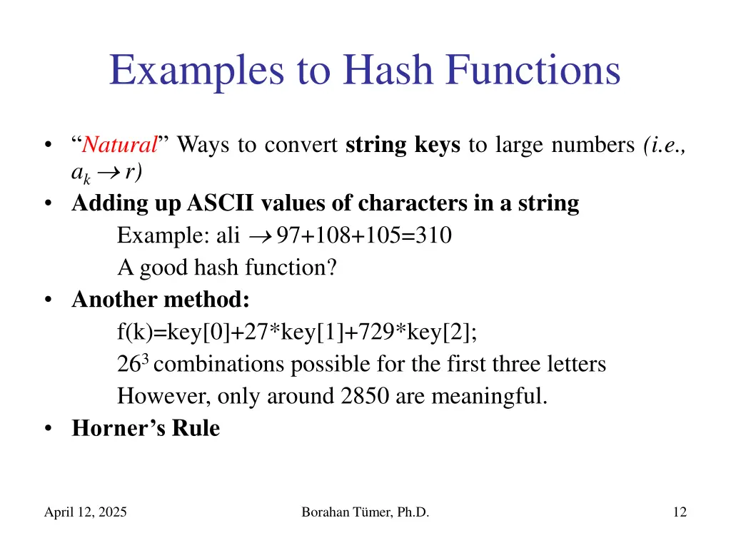 examples to hash functions