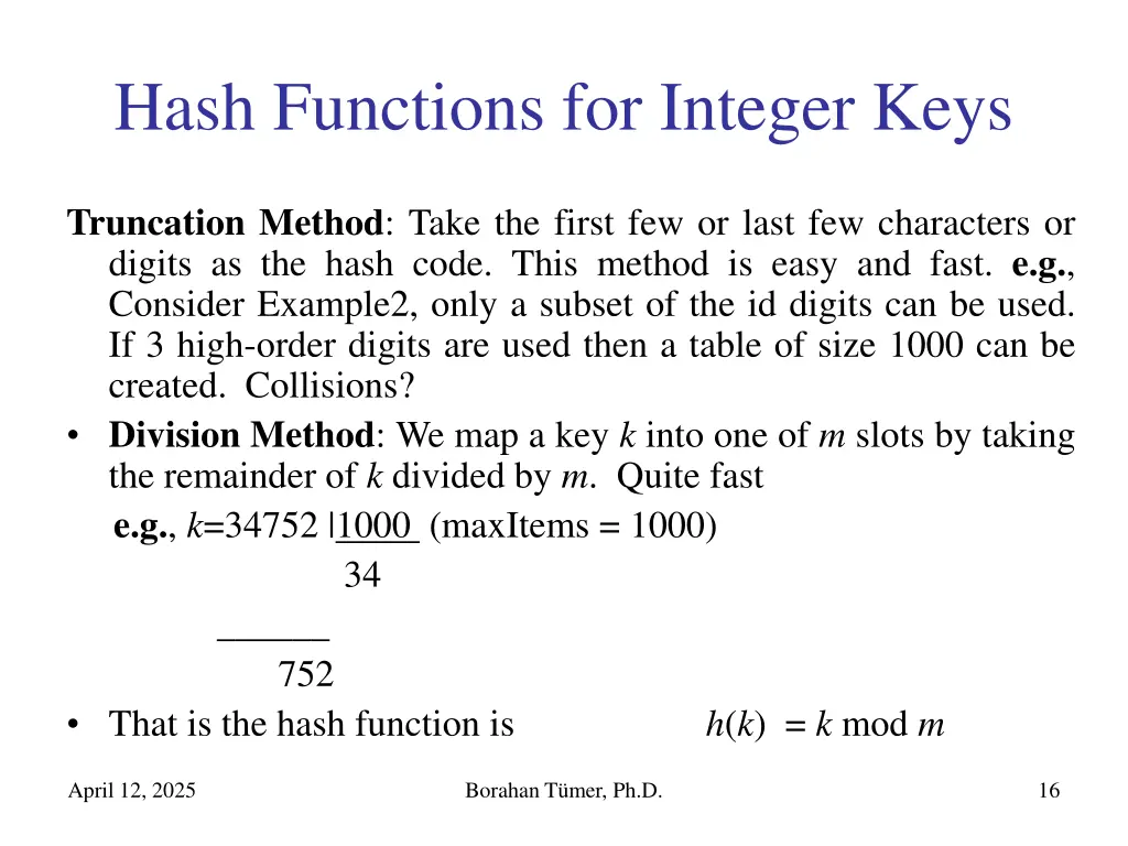 hash functions for integer keys