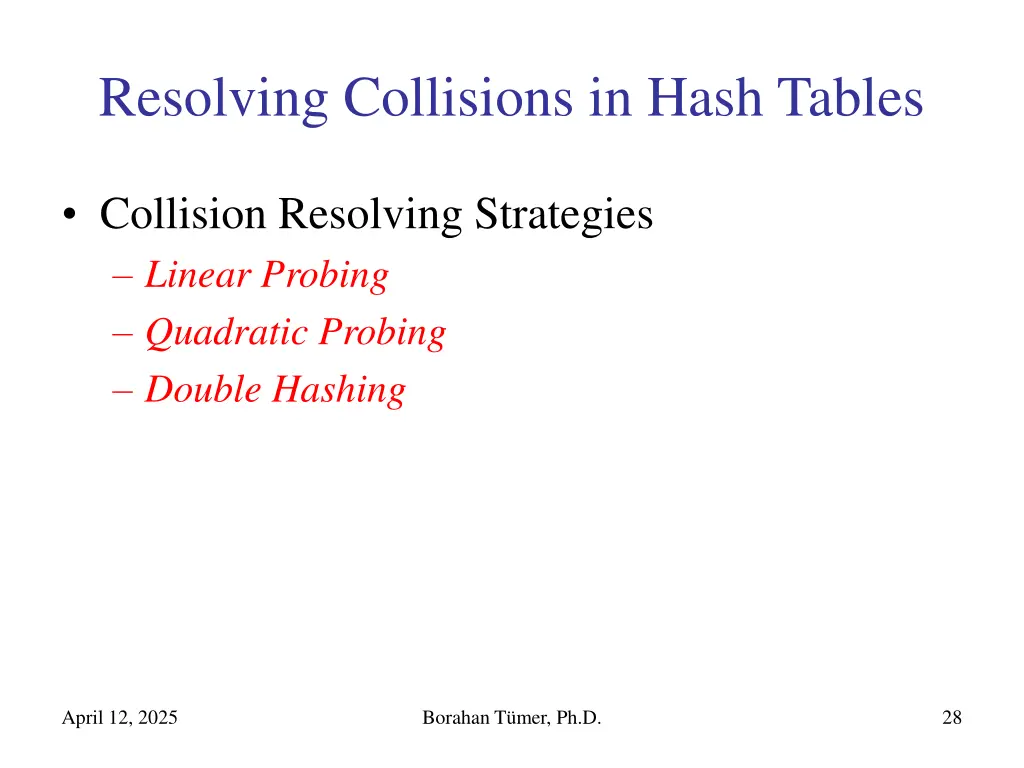 resolving collisions in hash tables