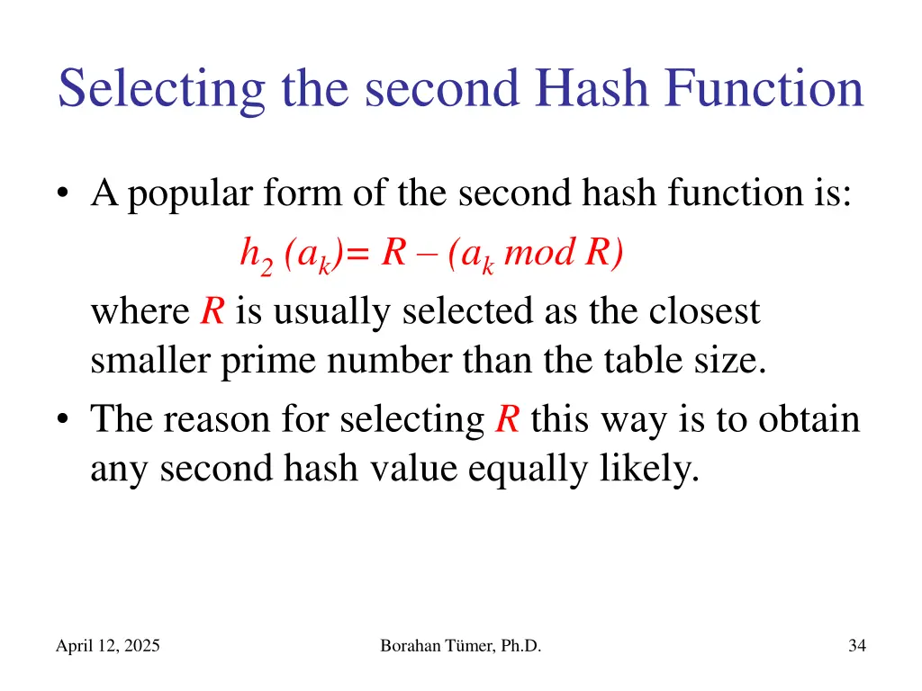 selecting the second hash function