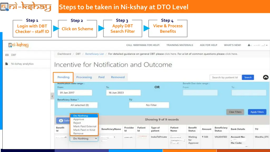 steps to be taken in ni kshay at dto level 2