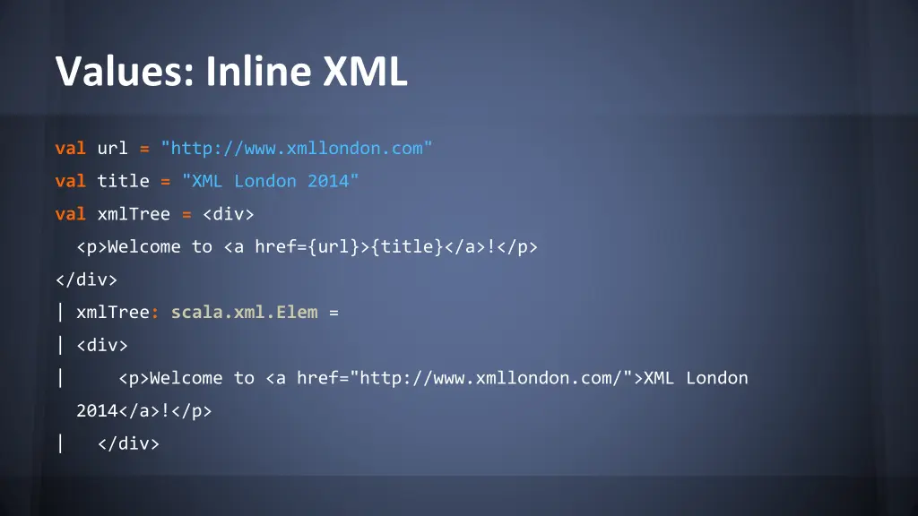 values inline xml