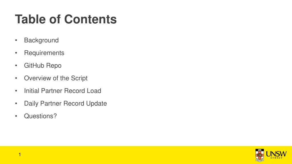 table of contents