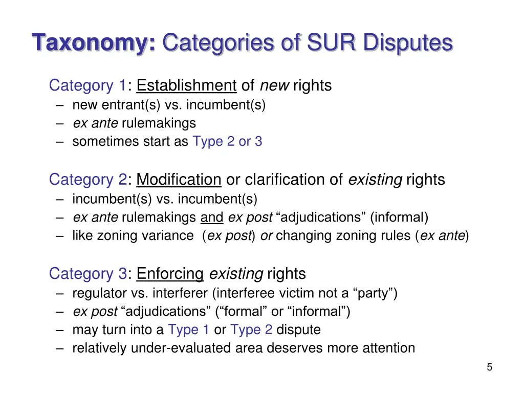 taxonomy categories of sur disputes
