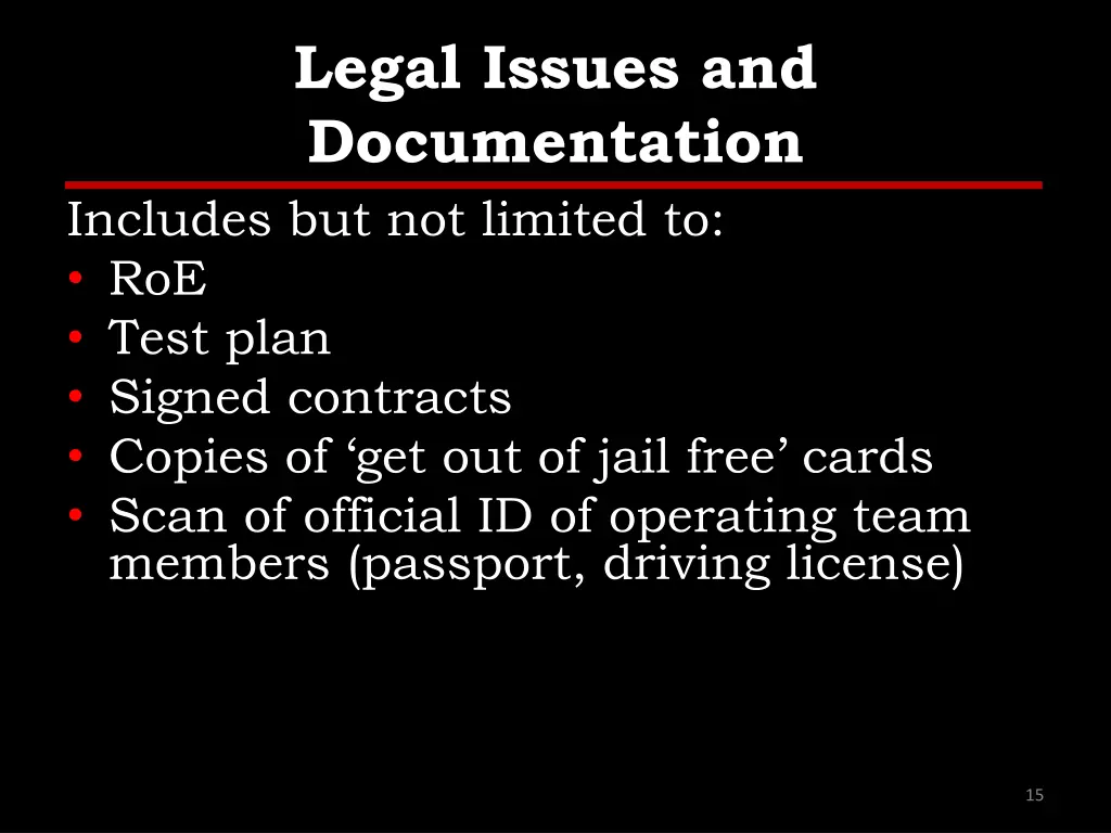 legal issues and documentation includes