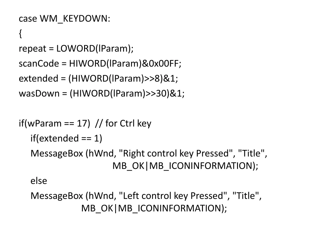 case wm keydown repeat loword lparam scancode