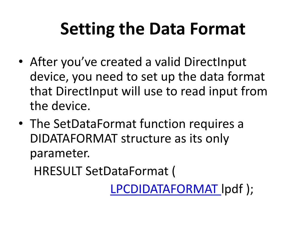 setting the data format