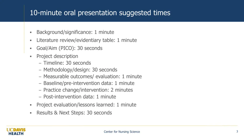 10 minute oral presentation suggested times