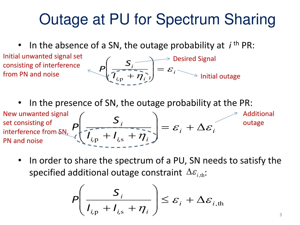outage at pu for spectrum sharing