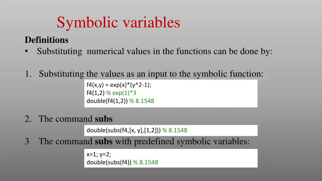 symbolic variables definitions substituting
