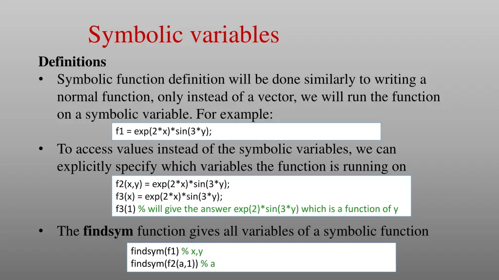 symbolic variables definitions symbolic function