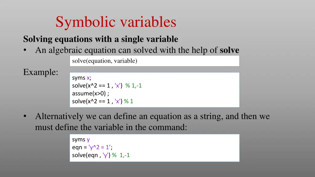 symbolic variables solving equations with