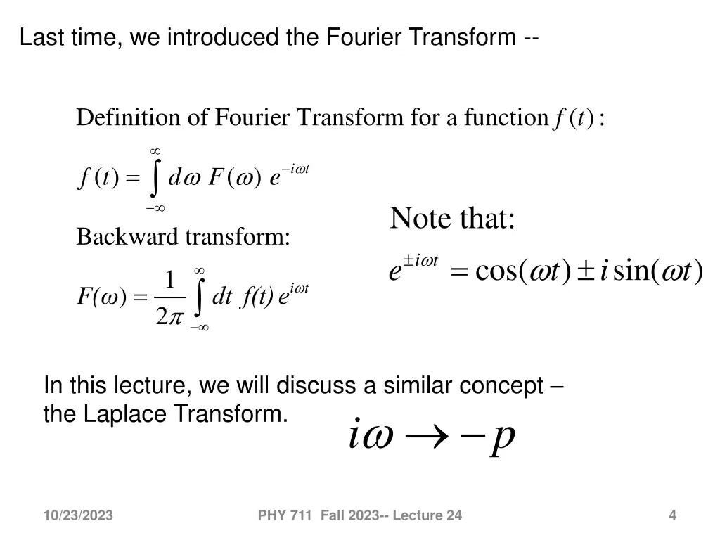 last time we introduced the fourier transform