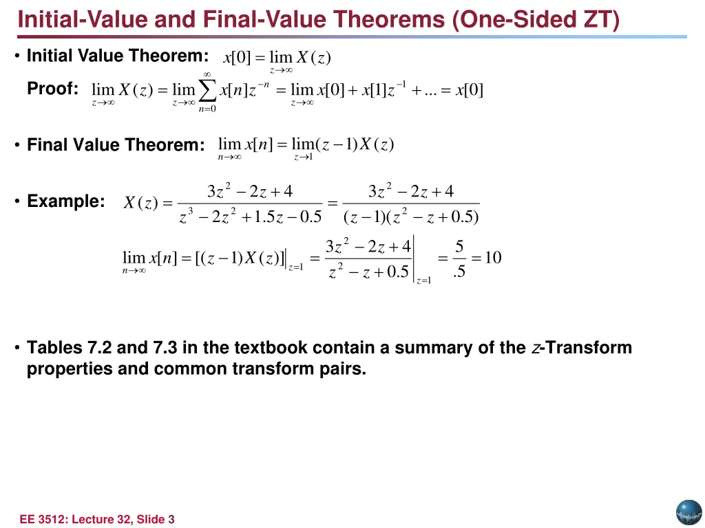 initial value and final value theorems one sided