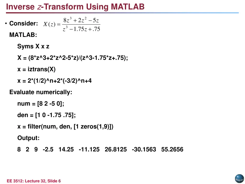 inverse z transform using matlab