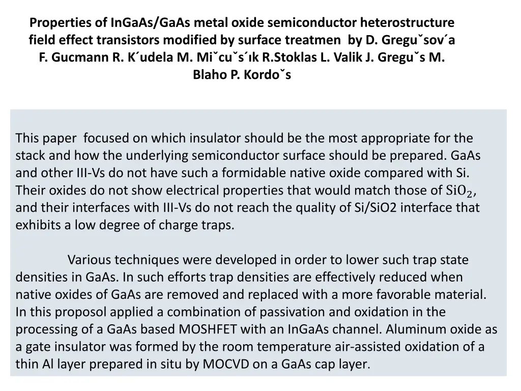 properties of ingaas gaas metal oxide