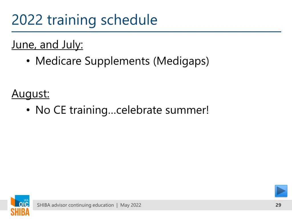 2022 training schedule