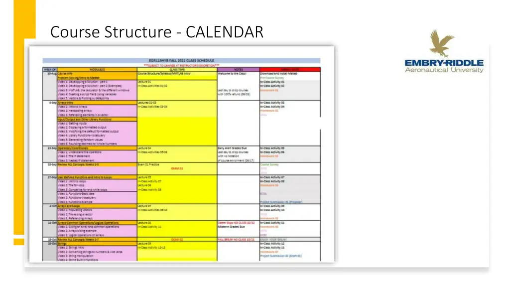 course structure calendar