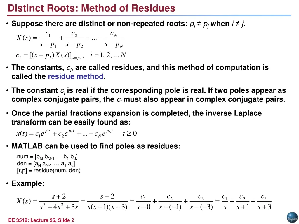 distinct roots method of residues