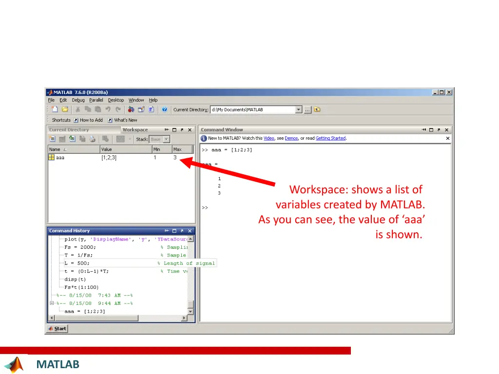 workspace shows a list of variables created