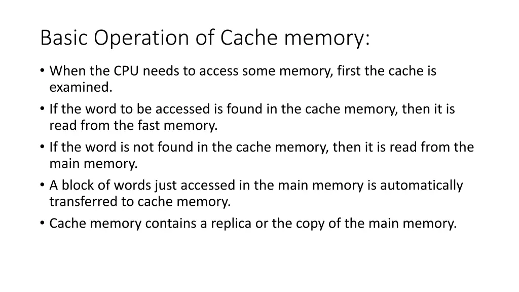 basic operation of cache memory