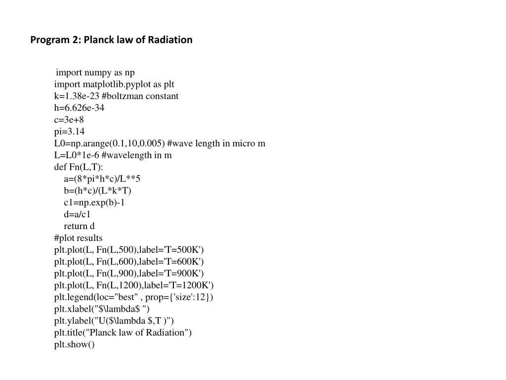 program 2 planck law of radiation