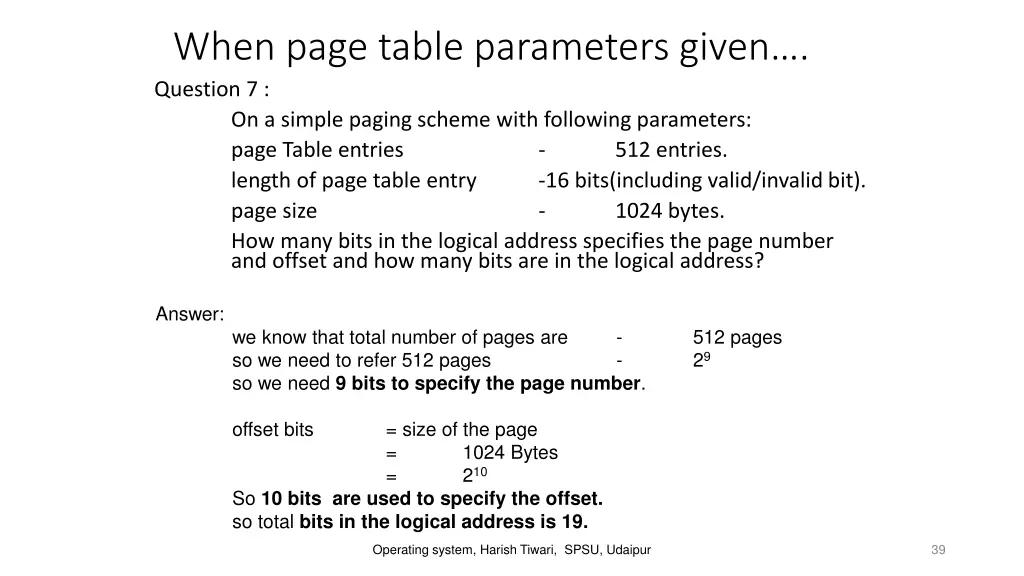 when page table parameters given question