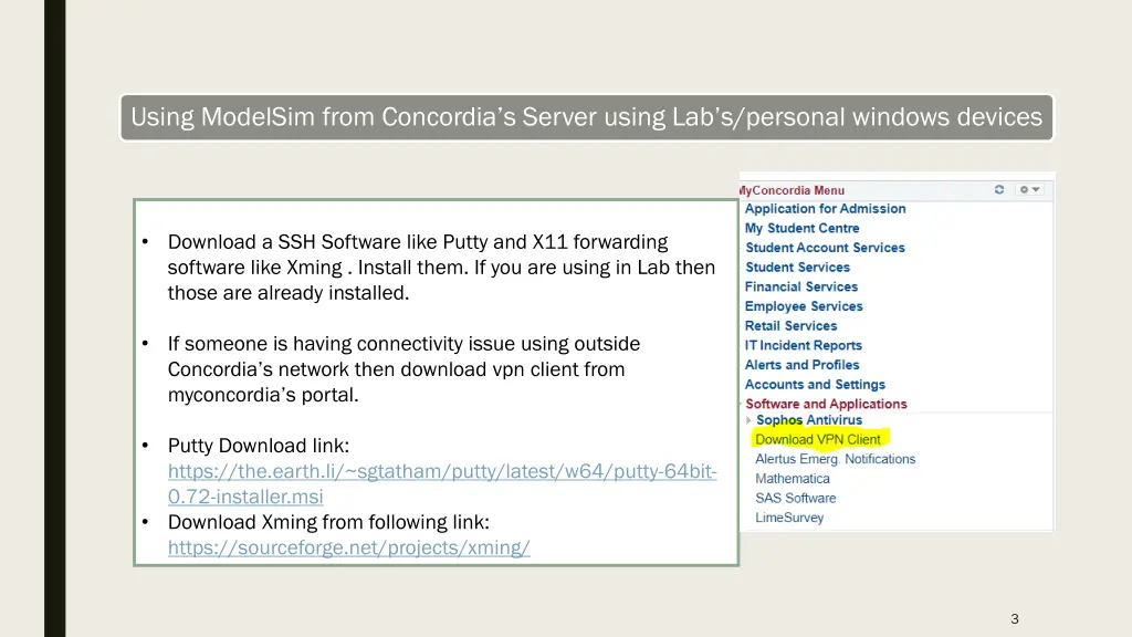 using modelsim from concordia s server using