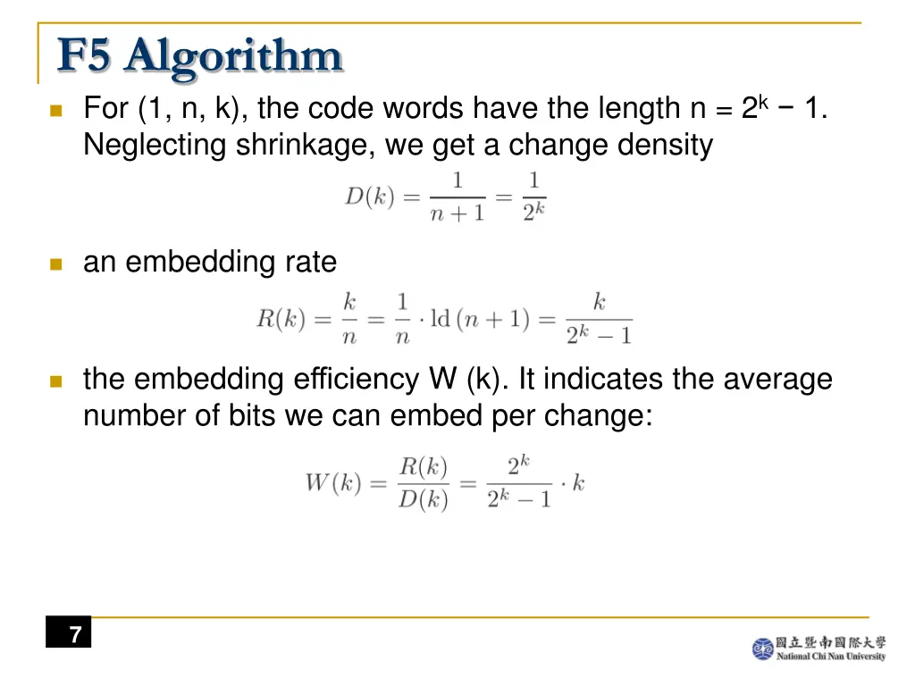 f5 algorithm for 1 n k the code words have