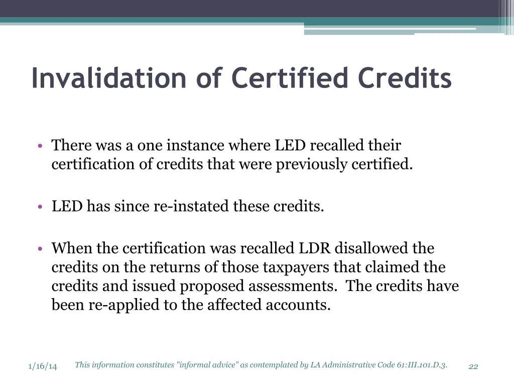 invalidation of certified credits