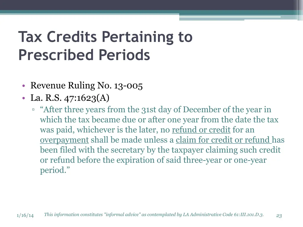 tax credits pertaining to prescribed periods