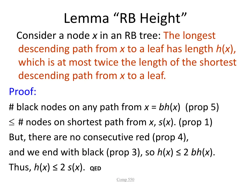 lemma rb height consider a node x in an rb tree