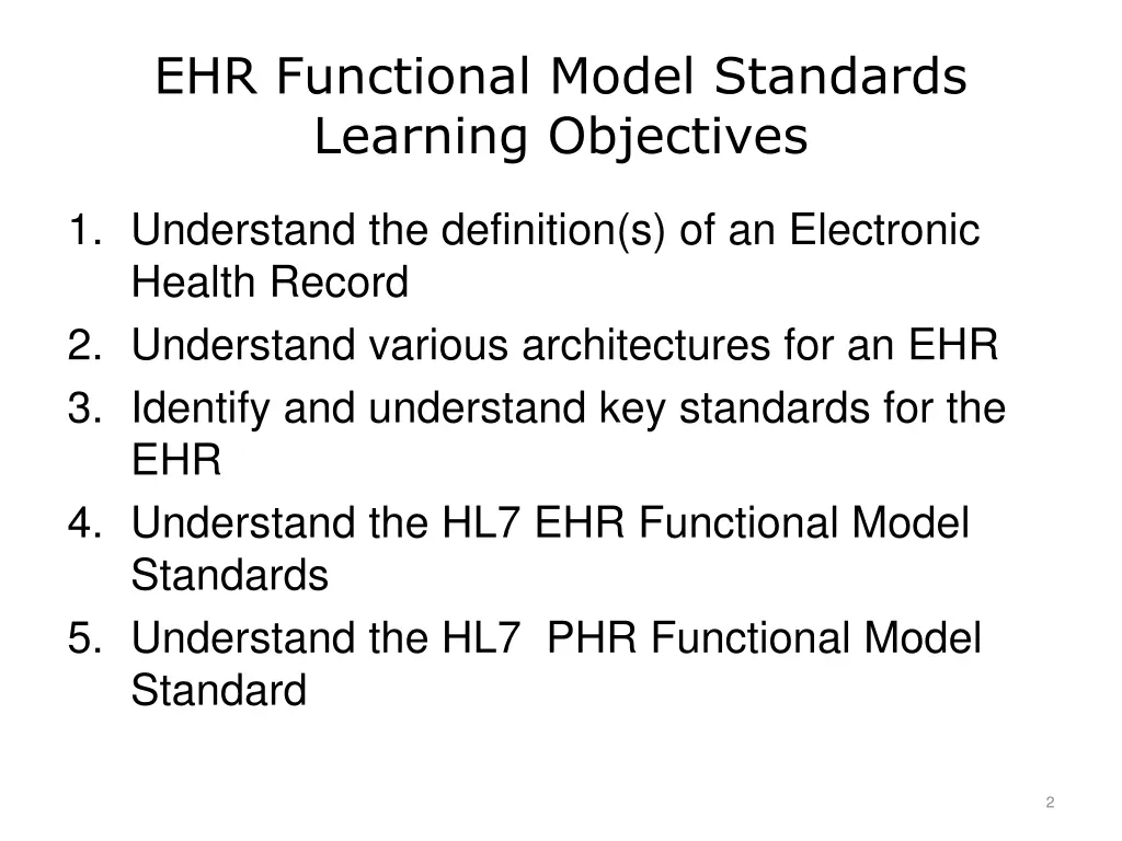 ehr functional model standards learning objectives