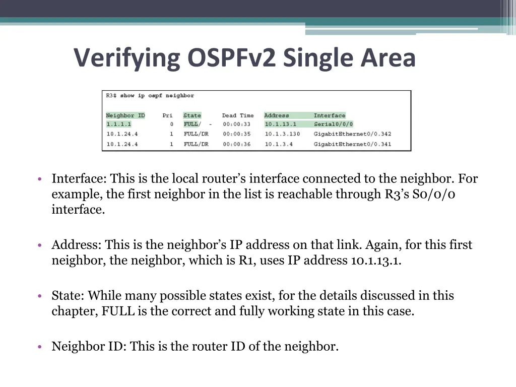 verifying ospfv2 single area