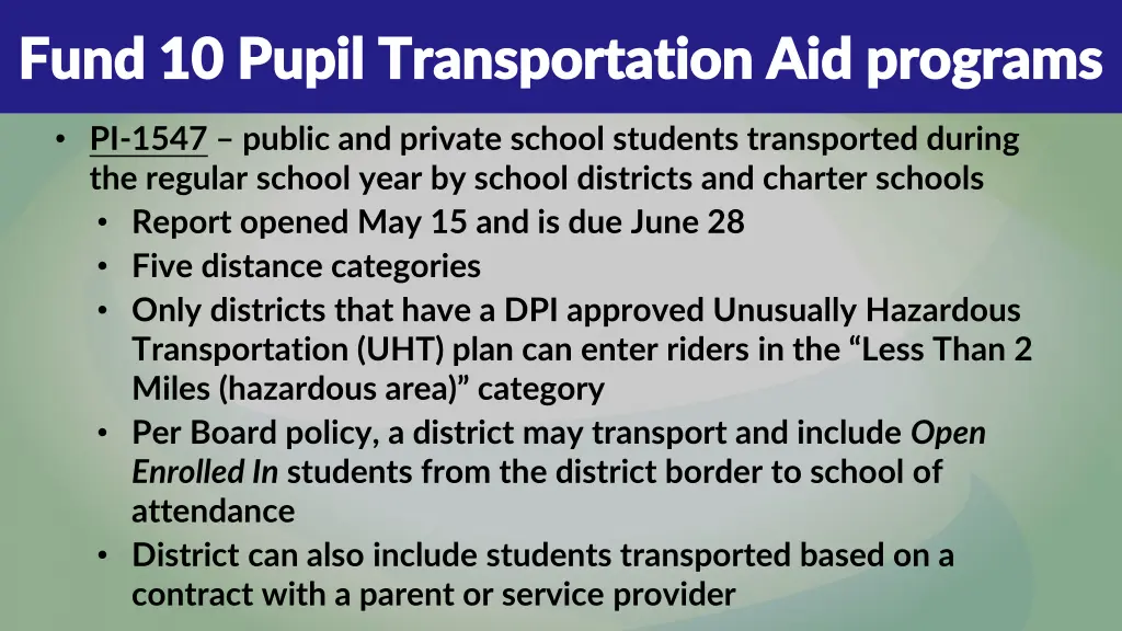 fund 10 pupil transportation aid programs fund 1