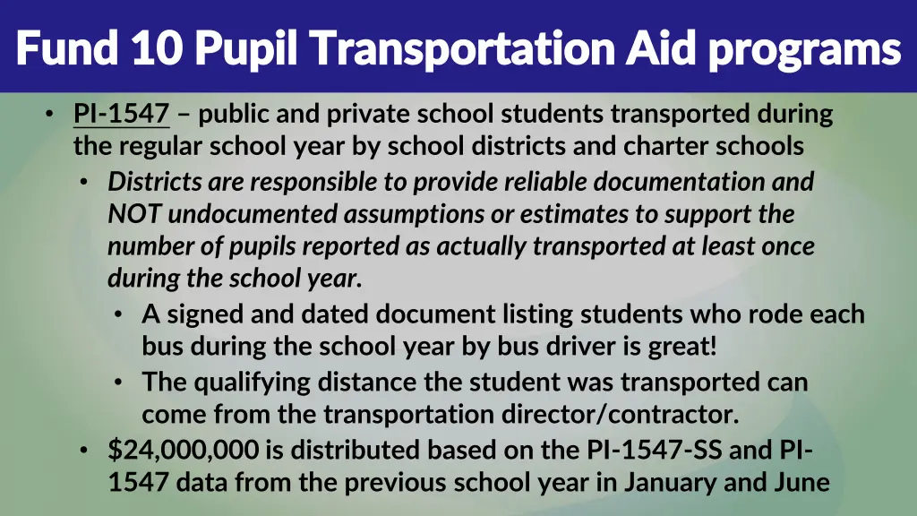 fund 10 pupil transportation aid programs fund 2