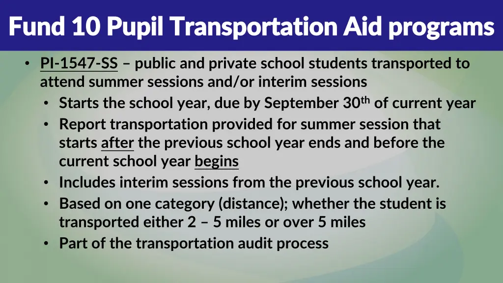 fund 10 pupil transportation aid programs fund