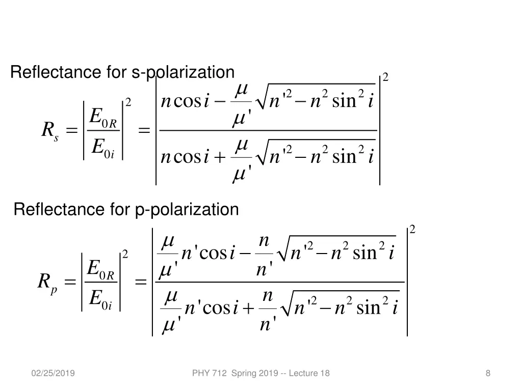reflectance for s polarization