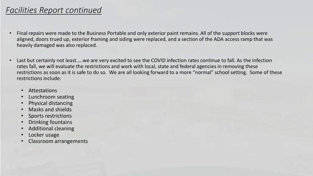 facilities report continued