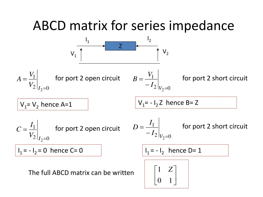 abcd matrix for series impedance i 1